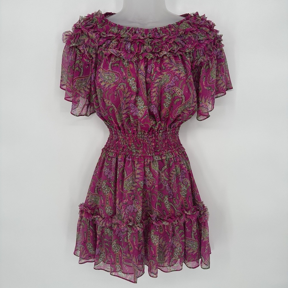 MISA Los Angeles Sz XS Fuschia Paisley Chiffon Mini Dress Smocked Waist Ruffle - Picture 2 of 9